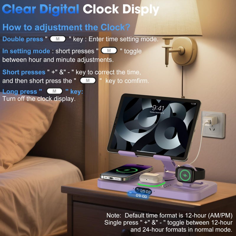 Opinta 6 in 1 Wireless Charger for Apple Multiple Devices, Charging Station with Clock &7 Color Ambient Light, Foldable Rotate Stand for iPad, for iPhone17/16/15, Support for Apple Watch11/10 for AirPods4 - Image 5