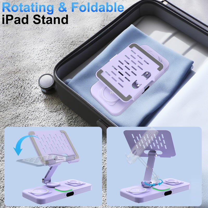 Opinta 6 in 1 Wireless Charger for Apple Multiple Devices, Charging Station with Clock &7 Color Ambient Light, Foldable Rotate Stand for iPad, for iPhone17/16/15, Support for Apple Watch11/10 for AirPods4 - Image 3