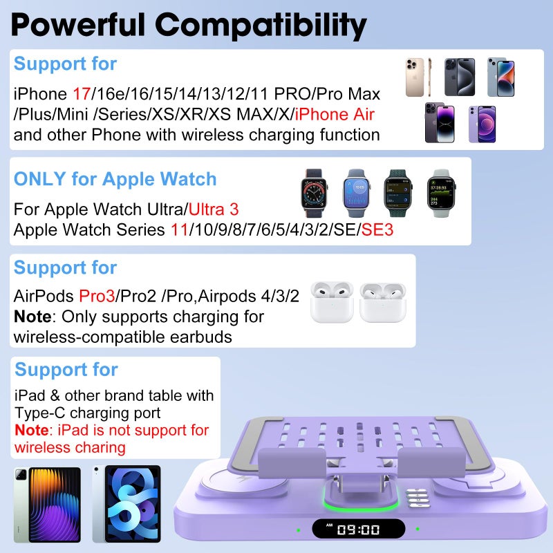Opinta 6 in 1 Wireless Charger for Apple Multiple Devices, Charging Station with Clock &7 Color Ambient Light, Foldable Rotate Stand for iPad, for iPhone17/16/15, Support for Apple Watch11/10 for AirPods4 - Image 4