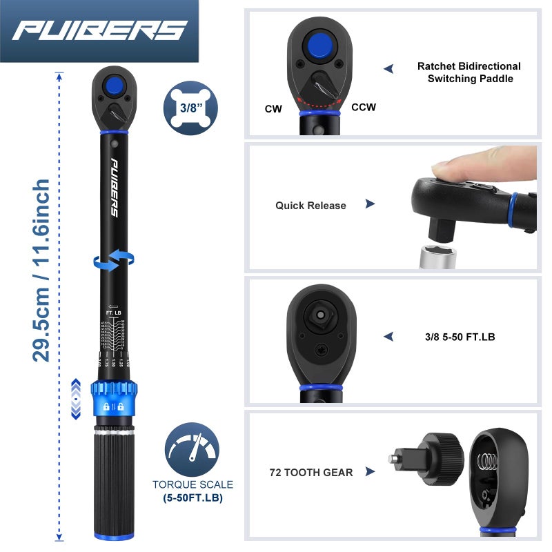 PUIBERS Torque Wrench 3/8 drive, 3/8 Inch Drive Click Torque Wrench Moto 5-50 FT.LB/6.8-67.8 Nm,Dual-Direction Adjustable 72 Tooth, Mechanic Wrenches Tools for Bike, Motorcycle and Car Repair - Image 2