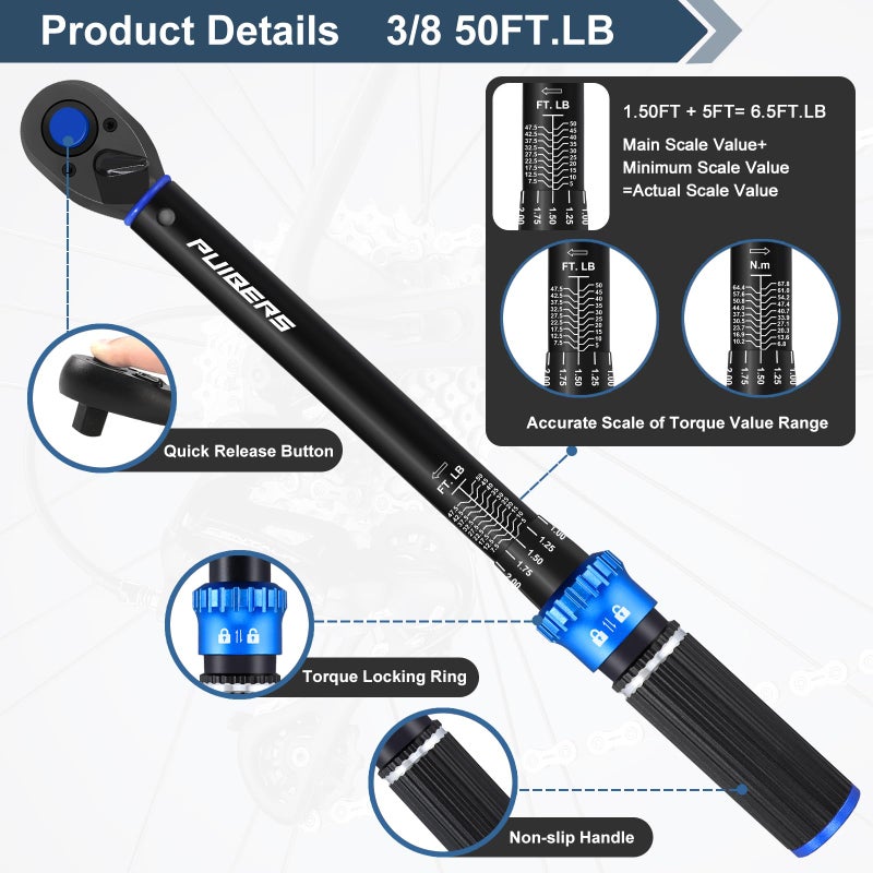 PUIBERS Torque Wrench 3/8 drive, 3/8 Inch Drive Click Torque Wrench Moto 5-50 FT.LB/6.8-67.8 Nm,Dual-Direction Adjustable 72 Tooth, Mechanic Wrenches Tools for Bike, Motorcycle and Car Repair - Image 4