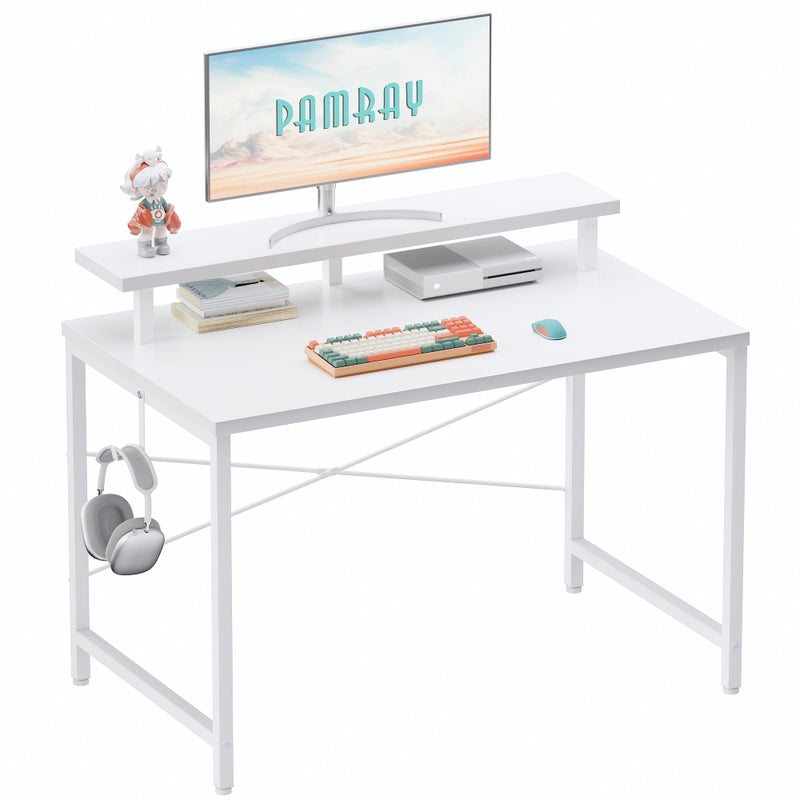 Pamray 32 Inch Small Computer Desk with Monitor Stand, Simple Office Desk with Headphone Hook for Small Spaces, Kids Study Writing Table for Bedroom, White - Image 1