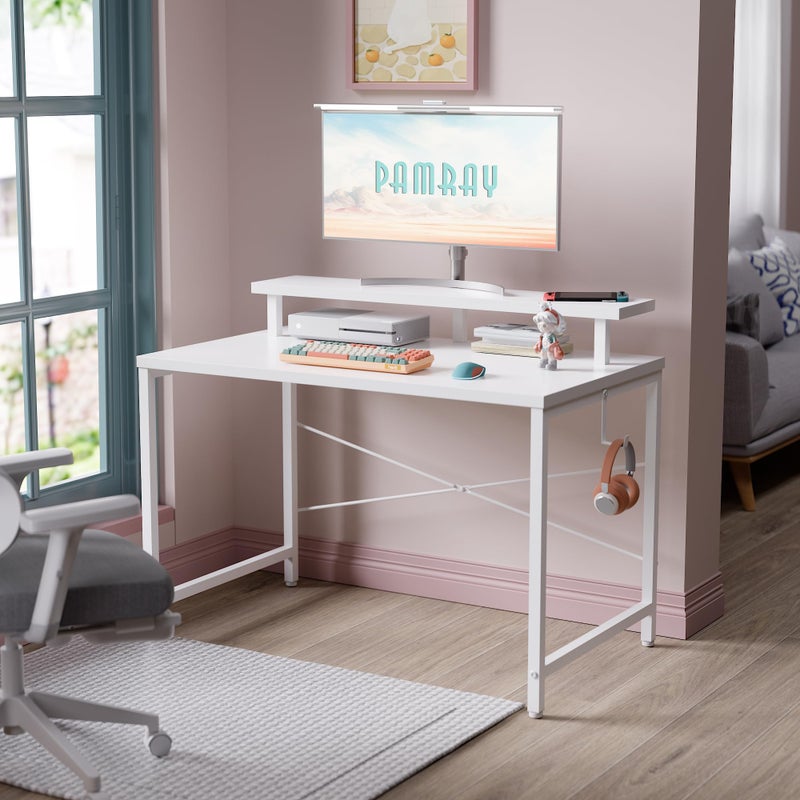 Pamray 32 Inch Small Computer Desk with Monitor Stand, Simple Office Desk with Headphone Hook for Small Spaces, Kids Study Writing Table for Bedroom, White - Image 2