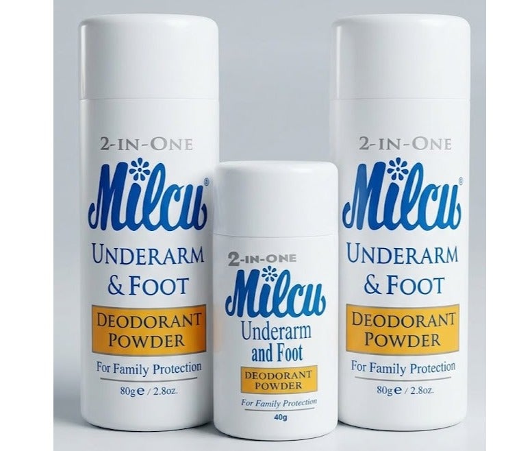 Milcu 2-in-1 Underarm & Foot Deodorant Powder Bundle – Includes Two 80g Bottles and One 40g Travel Size Bottle