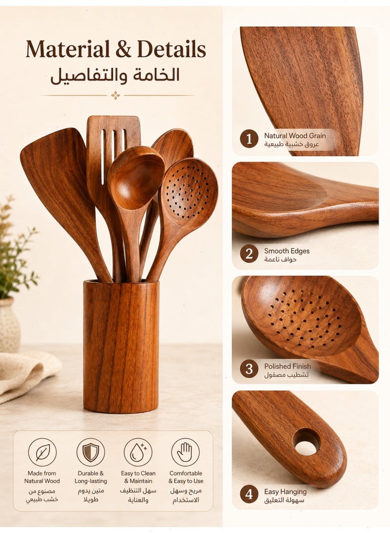 مجموعة أدوات مطبخ خشبية من 6 قطع، أدوات طهي من خشب الساج مع ملاعق وشوكات وملعقة مسطحة، أواني خبز وأواني طهي عالية الجودة - Image 2