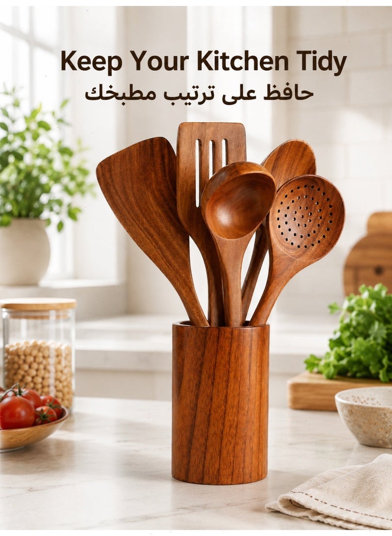 مجموعة أدوات مطبخ خشبية من 6 قطع، أدوات طهي من خشب الساج مع ملاعق وشوكات وملعقة مسطحة، أواني خبز وأواني طهي عالية الجودة - Image 5