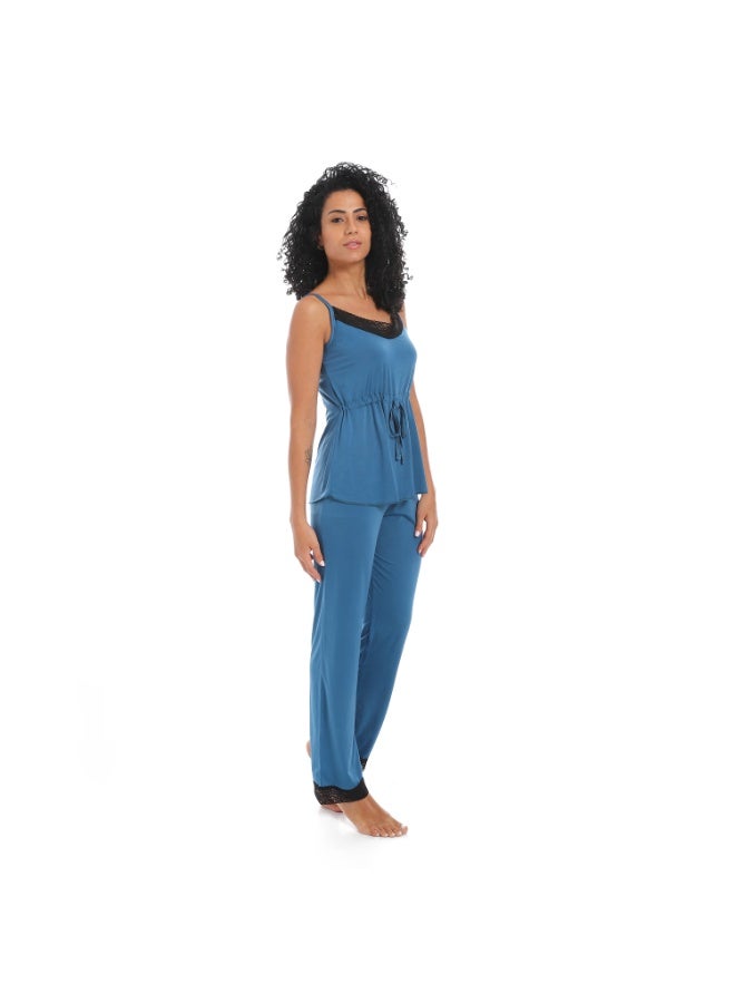 Women's two-piece pajama set, top and pants with a belt at the waist