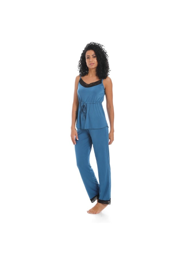 Women's two-piece pajama set, top and pants with a belt at the waist