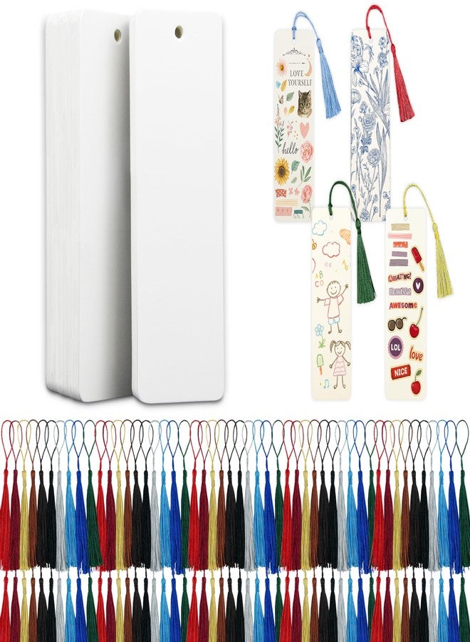 WACANTIC 100 Paper Blank Bookmarks with Colorful Tassels - DIY Bookmark Making Kit, White Cardstock Bookmarks Bulk for Crafting, Painting & Decorating, Plain Bookmark for DIY Projects, Gifts & Watercolor Art - Image 1