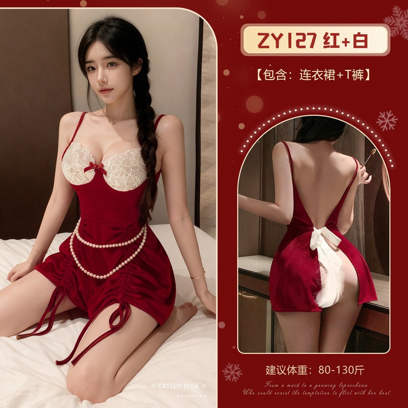 Tube Top Lingerie Christmas Vintage Oil Painting Bow Velvet Nightgown Drawstring Lace New Year Suspender Lingerie - Image 1