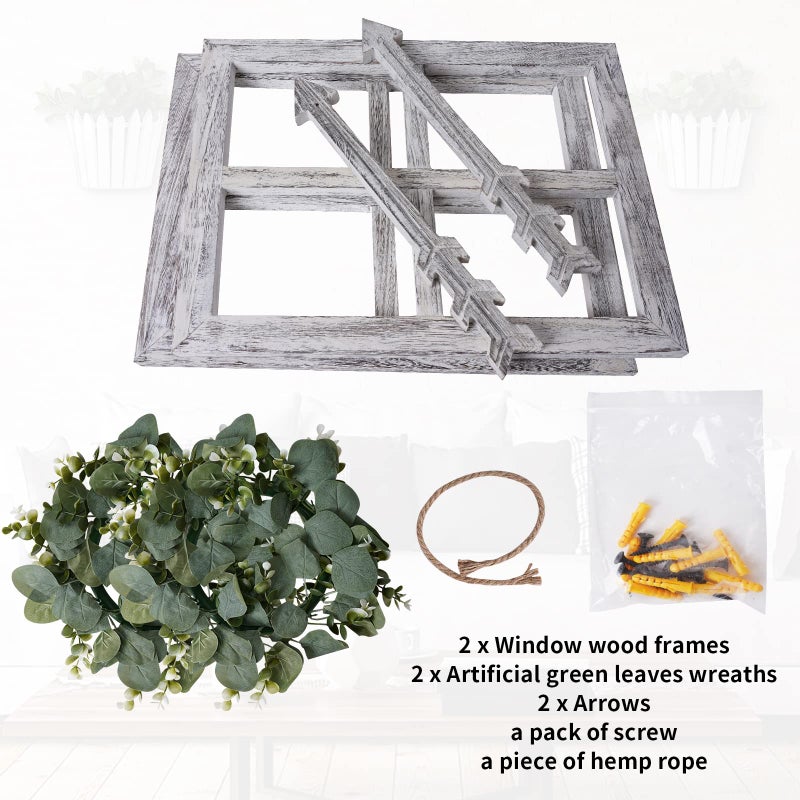 WAKOSAN Rustic Wood Window Frame with Green Wreath and Arrows Wall Decorï¼ŒFarmhouse Window Frame Hanging Decor, Wooden Fake Decoration,Window Pane Wall Decor,Set of 2 (White) - Image 2
