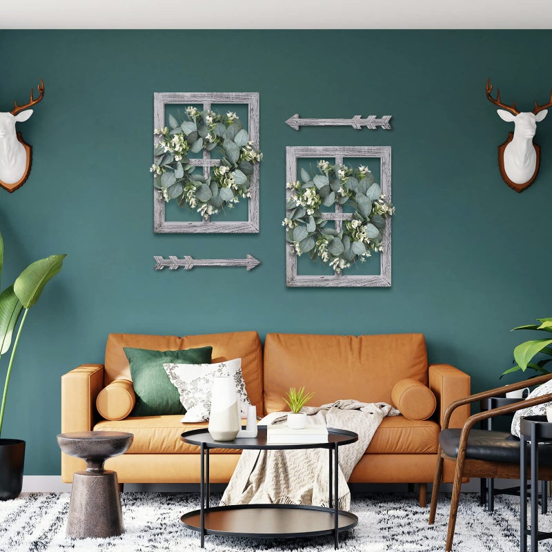 WAKOSAN Rustic Wood Window Frame with Green Wreath and Arrows Wall Decorï¼ŒFarmhouse Window Frame Hanging Decor, Wooden Fake Decoration,Window Pane Wall Decor,Set of 2 (White) - Image 5