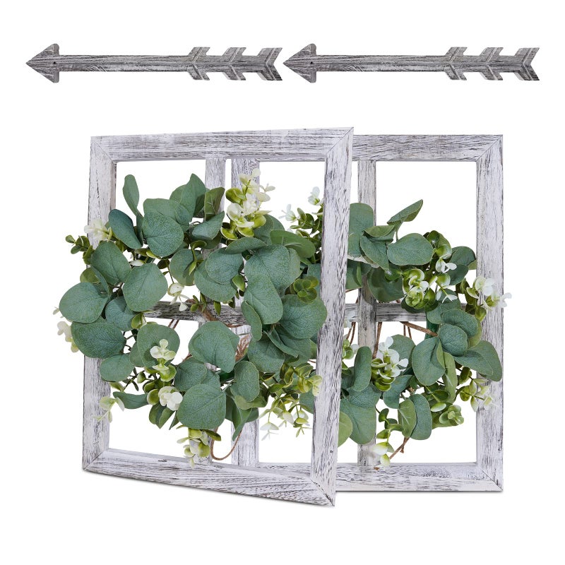 WAKOSAN Rustic Wood Window Frame with Green Wreath and Arrows Wall Decorï¼ŒFarmhouse Window Frame Hanging Decor, Wooden Fake Decoration,Window Pane Wall Decor,Set of 2 (White) - Image 1