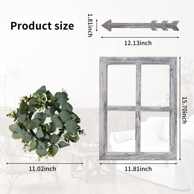 WAKOSAN Rustic Wood Window Frame with Green Wreath and Arrows Wall Decorï¼ŒFarmhouse Window Frame Hanging Decor, Wooden Fake Decoration,Window Pane Wall Decor,Set of 2 (White) - Image 3