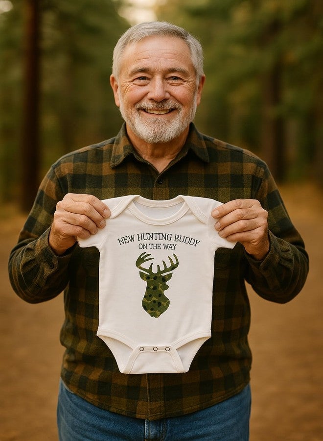 Witty and Bitty New Hunting Buddy On The Way Pregnancy Reveal Announcement Gift for Grandpa Dad Husband Onesie/Bodysuit White - Image 3