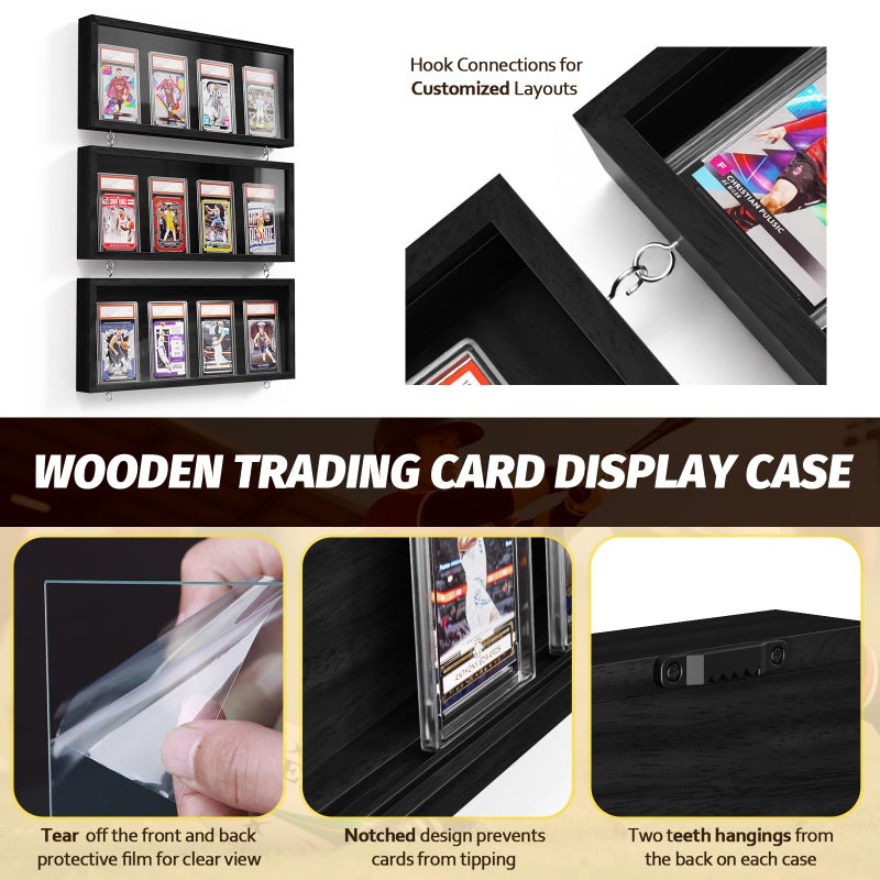 Emfogo Card Display Case, 3 Pack Trading Card Display Frame Wall Mount, Wooden Baseball Card Display Case with Clear View, Graded Sports Card Display for Trading Card Collection (3 Pack-Black) - Image 4