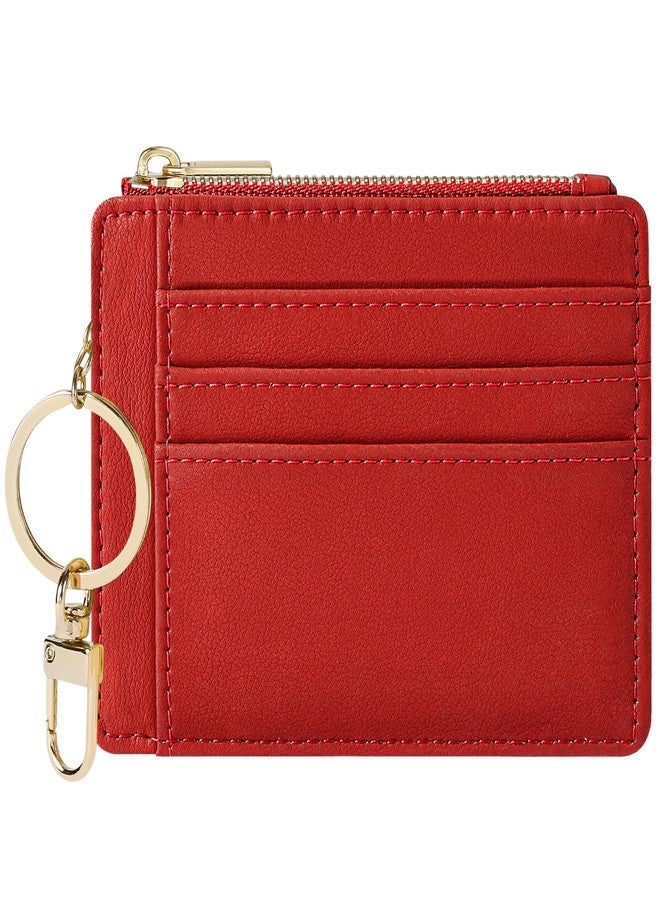 Sodsay Card Case Slim Front Pocket Wallet for Women Credit Card Holder with Keychain(Smooth Red Classic) - Image 1