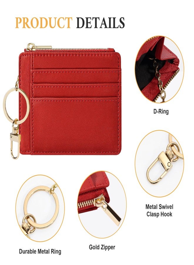Sodsay Card Case Slim Front Pocket Wallet for Women Credit Card Holder with Keychain(Smooth Red Classic) - Image 3