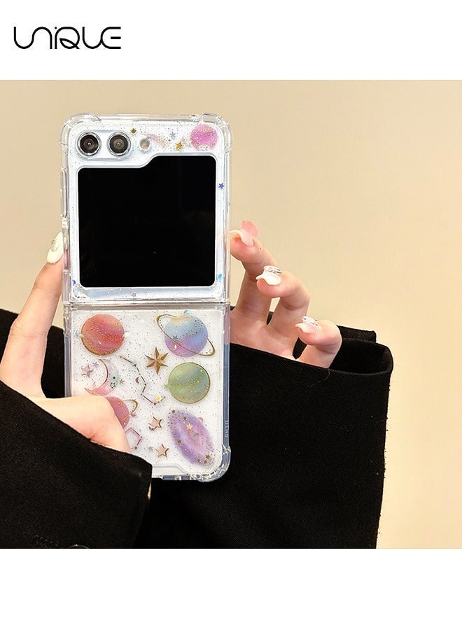 Unique For Samsung Z Flip 6 Phone Case - Cute Clear Phone Case - Glitter Planet Phone Case with Stars and Moon - Shock and Drop Resistant Phone Case - Image 4