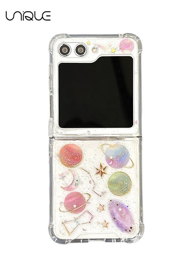 Unique For Samsung Z Flip 6 Phone Case - Cute Clear Phone Case - Glitter Planet Phone Case with Stars and Moon - Shock and Drop Resistant Phone Case - Image 1
