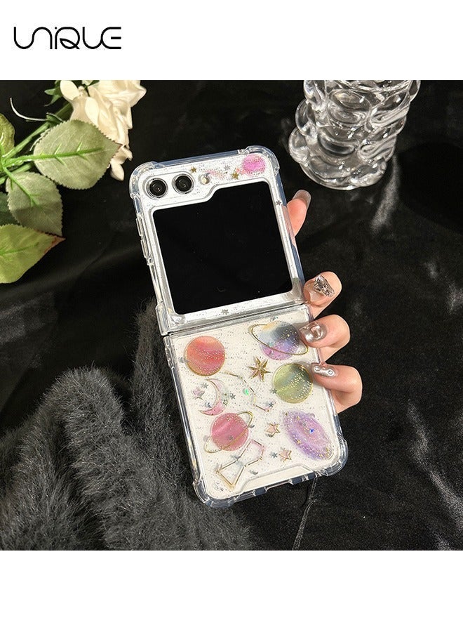 Unique For Samsung Z Flip 6 Phone Case - Cute Clear Phone Case - Glitter Planet Phone Case with Stars and Moon - Shock and Drop Resistant Phone Case - Image 3