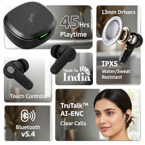 pTron Bassbuds NEO TWS Earbuds w/ 13mm Drivers, 45Hrs Playtime, Dual HD Mic & AI-ENC Calls, Custom EQ, Mobile App, Bluetooth V5.4 Earphones, Voice Assistant, Type C Fast Charging & IPX5 (Raven Black) - Image 2