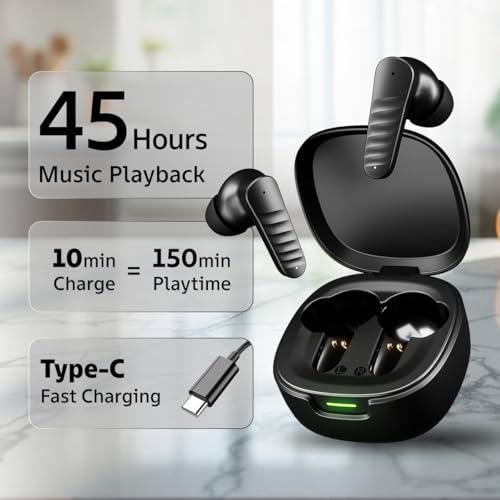 pTron Bassbuds NEO TWS Earbuds w/ 13mm Drivers, 45Hrs Playtime, Dual HD Mic & AI-ENC Calls, Custom EQ, Mobile App, Bluetooth V5.4 Earphones, Voice Assistant, Type C Fast Charging & IPX5 (Raven Black) - Image 4