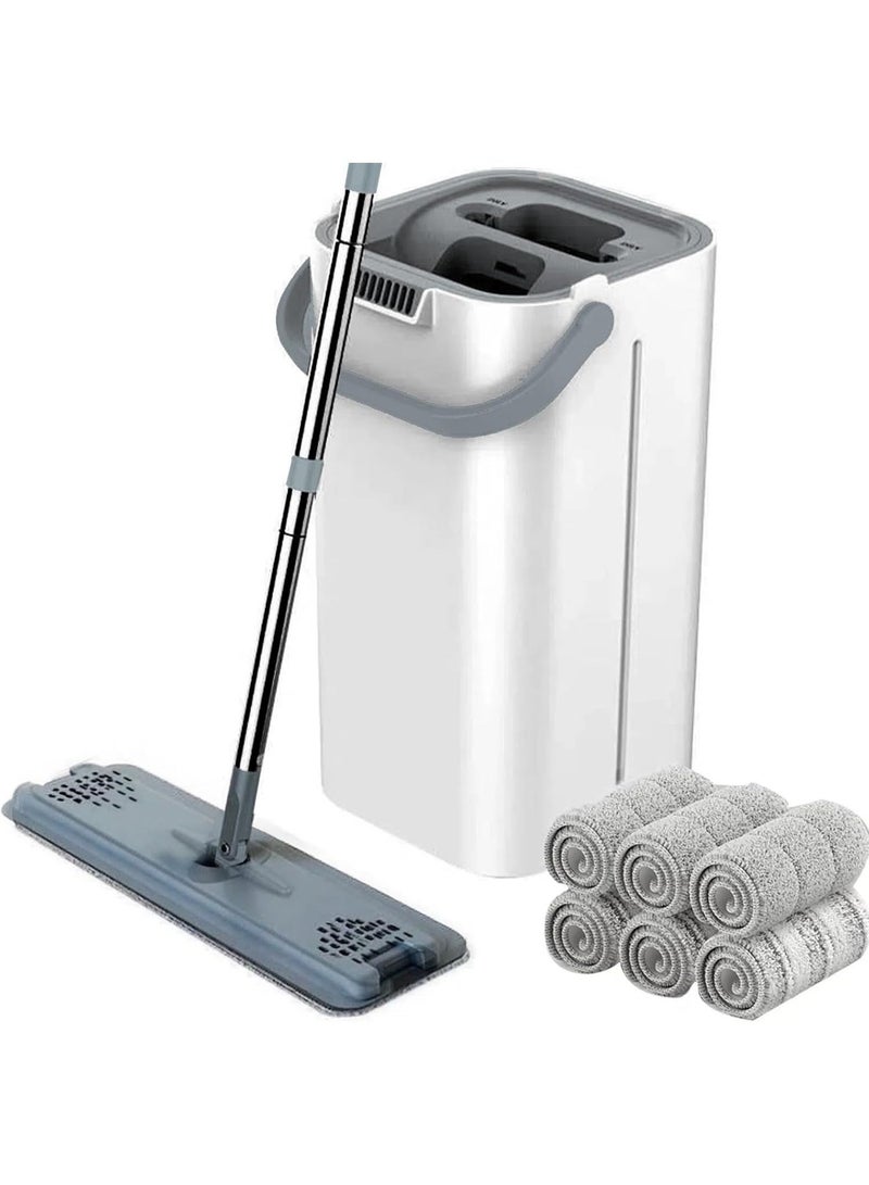 This mop and bucket set, complete with two microfiber cleaning pads for both wet and dry use, is ideal for home floor cleaning systems and is suitable for all floor types and windows (white). - Image 1