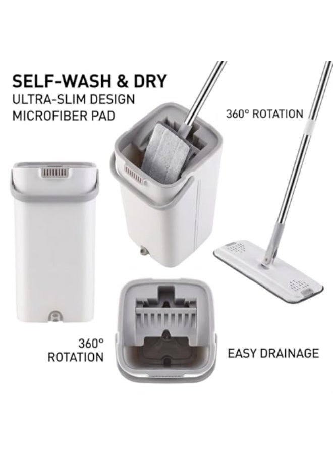 This mop and bucket set, complete with two microfiber cleaning pads for both wet and dry use, is ideal for home floor cleaning systems and is suitable for all floor types and windows (white). - Image 2