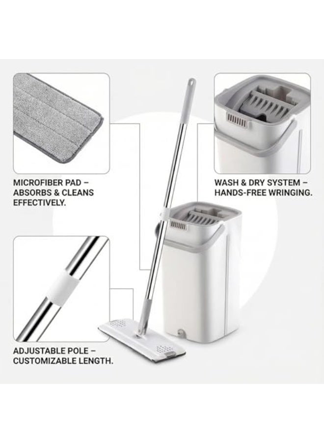 This mop and bucket set, complete with two microfiber cleaning pads for both wet and dry use, is ideal for home floor cleaning systems and is suitable for all floor types and windows (white). - Image 3