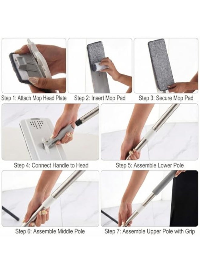 This mop and bucket set, complete with two microfiber cleaning pads for both wet and dry use, is ideal for home floor cleaning systems and is suitable for all floor types and windows (white). - Image 4