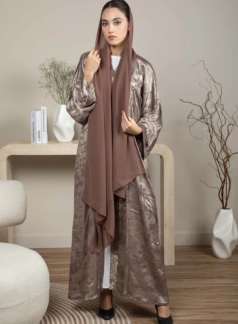 أم سكوير فاشن Front Open Double Shade Brown Silk Abaya
