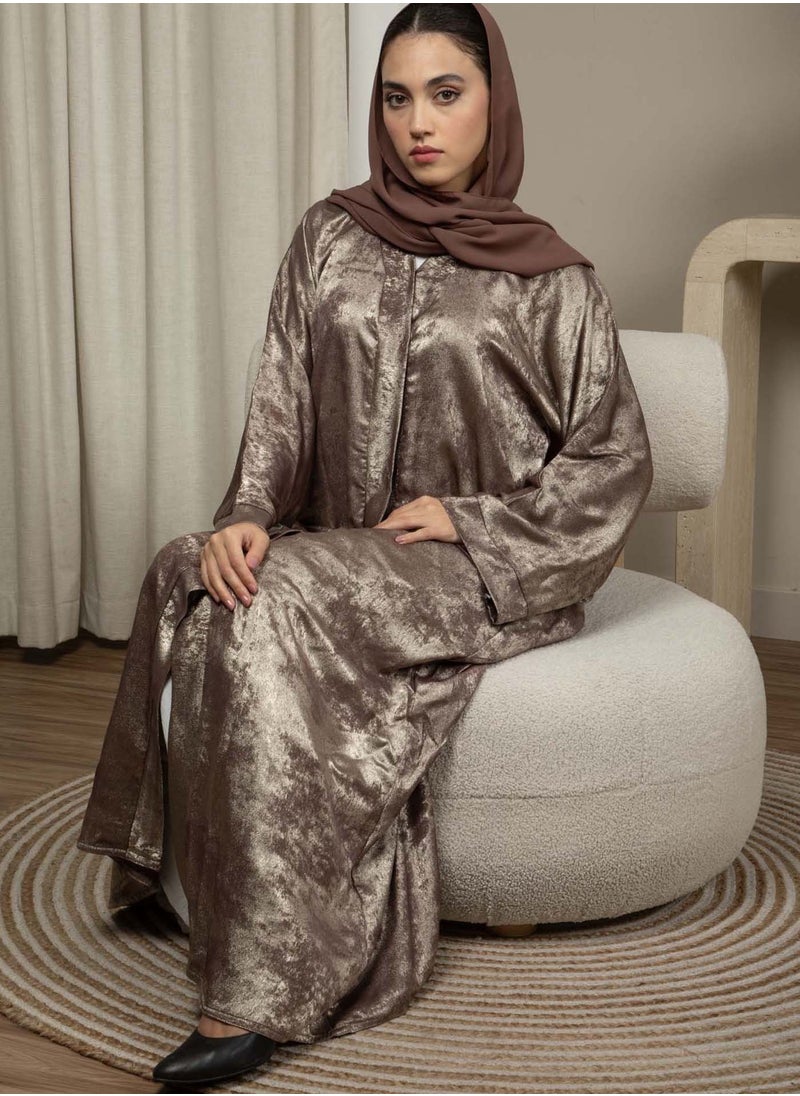 MSquare Fashion - Front Open Double Shade Brown Silk Abaya - Image 1