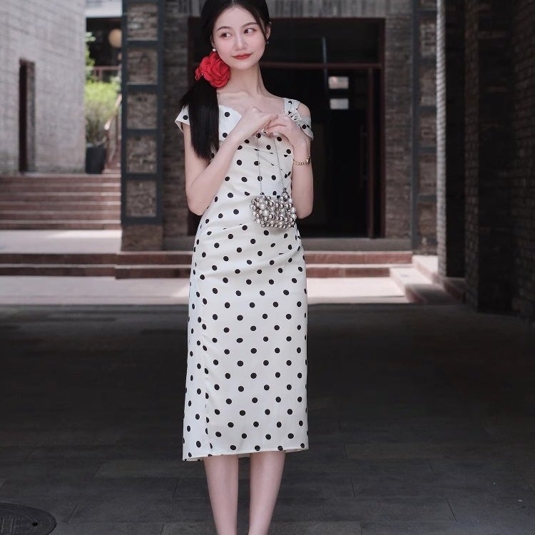 French Style Polka Dot Dress, High Waist, A-Line Maxi Dress - Image 4