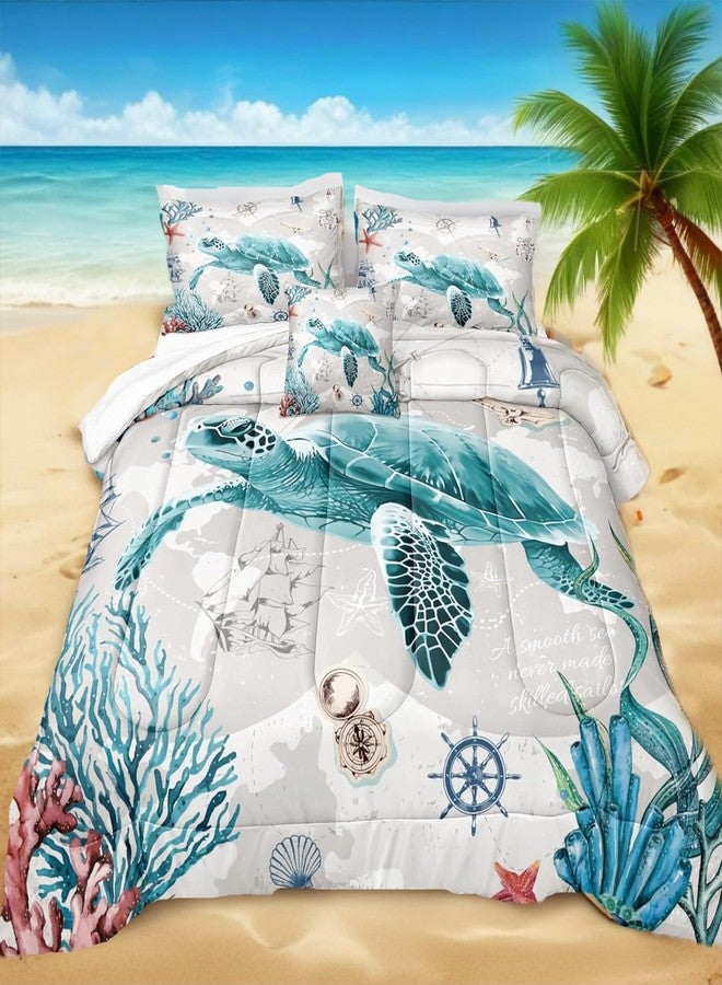 Bedbay طقم مفروشات سرير Bedbay بنمط بحري، طقم لحاف بتصميم سلحفاة، مقاس كينج، طقم لحاف شاطئي، طقم لحاف ناعم من الألياف الدقيقة بنمط الحياة البحرية والمحيط، طقم مفروشات سرير ساحلي للأولاد والبنات بنمط شاطئي (سلحفاة، مقاس كينج). - Image 1
