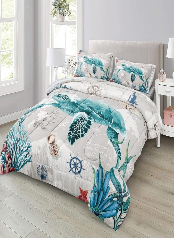 Bedbay طقم مفروشات سرير Bedbay بنمط بحري، طقم لحاف بتصميم سلحفاة، مقاس كينج، طقم لحاف شاطئي، طقم لحاف ناعم من الألياف الدقيقة بنمط الحياة البحرية والمحيط، طقم مفروشات سرير ساحلي للأولاد والبنات بنمط شاطئي (سلحفاة، مقاس كينج). - Image 2