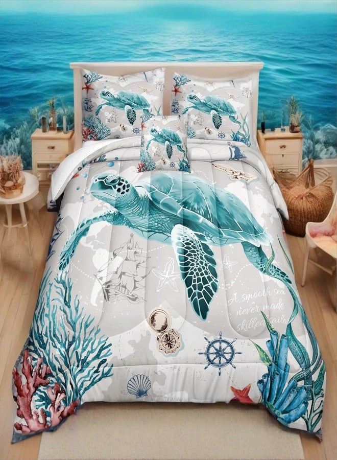 Bedbay طقم مفروشات سرير Bedbay بنمط بحري، طقم لحاف بتصميم سلحفاة، مقاس كينج، طقم لحاف شاطئي، طقم لحاف ناعم من الألياف الدقيقة بنمط الحياة البحرية والمحيط، طقم مفروشات سرير ساحلي للأولاد والبنات بنمط شاطئي (سلحفاة، مقاس كينج). - Image 3