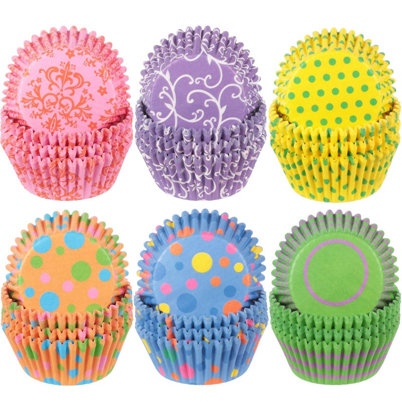 Patelai 600 Pieces Seasonal Cupcake Liners Colorful Curls Cupcake Baking Cups Colorful Dots Wrappers Polka Paper Wraps Muffin Case Trays for Mothers Day Fathers Day Birthday Party Decor