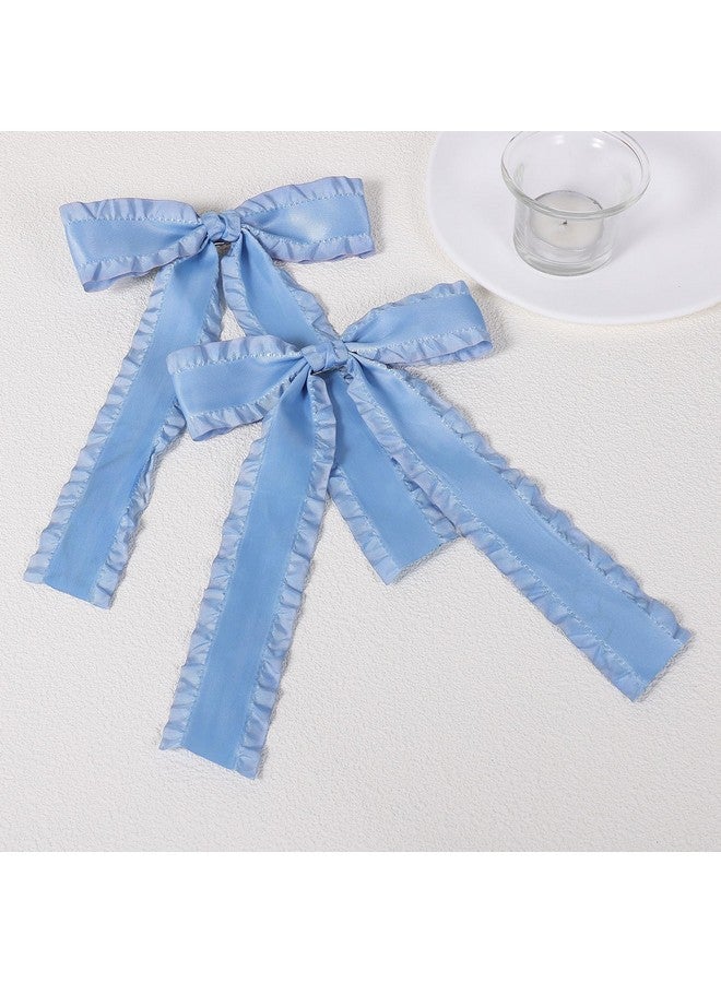 ميروكش 2 قطعة من فيونكات الشعر للنساء والفتيات ذات الشعر الكثيف الرقيق، 5.5 بوصة كبيرة من الساتان المكشكش مع شرابة ومشابك فيونكات الشعر مع ذيل طويل، إكسسوارات ديكور ملابسها الكلاسيكية باللون الأزرق العتيق - Image 2