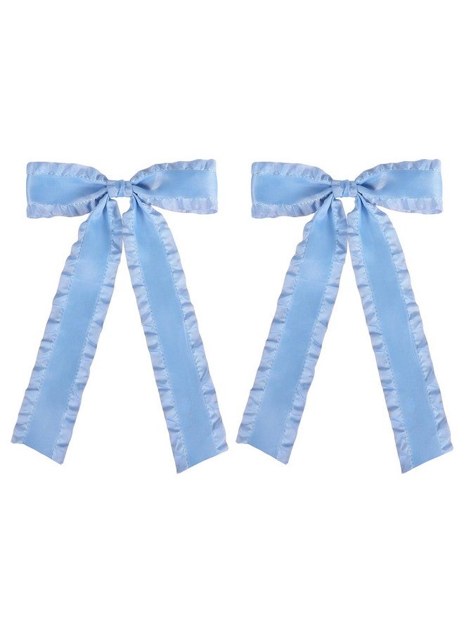 ميروكش 2 قطعة من فيونكات الشعر للنساء والفتيات ذات الشعر الكثيف الرقيق، 5.5 بوصة كبيرة من الساتان المكشكش مع شرابة ومشابك فيونكات الشعر مع ذيل طويل، إكسسوارات ديكور ملابسها الكلاسيكية باللون الأزرق العتيق - Image 1