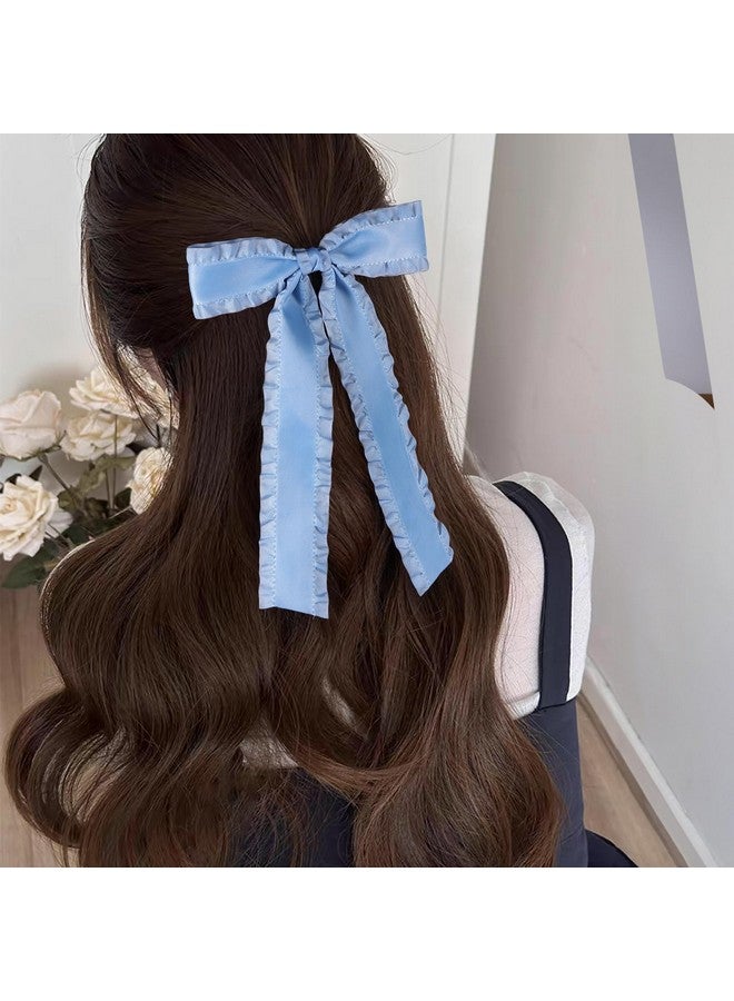 ميروكش 2 قطعة من فيونكات الشعر للنساء والفتيات ذات الشعر الكثيف الرقيق، 5.5 بوصة كبيرة من الساتان المكشكش مع شرابة ومشابك فيونكات الشعر مع ذيل طويل، إكسسوارات ديكور ملابسها الكلاسيكية باللون الأزرق العتيق - Image 3