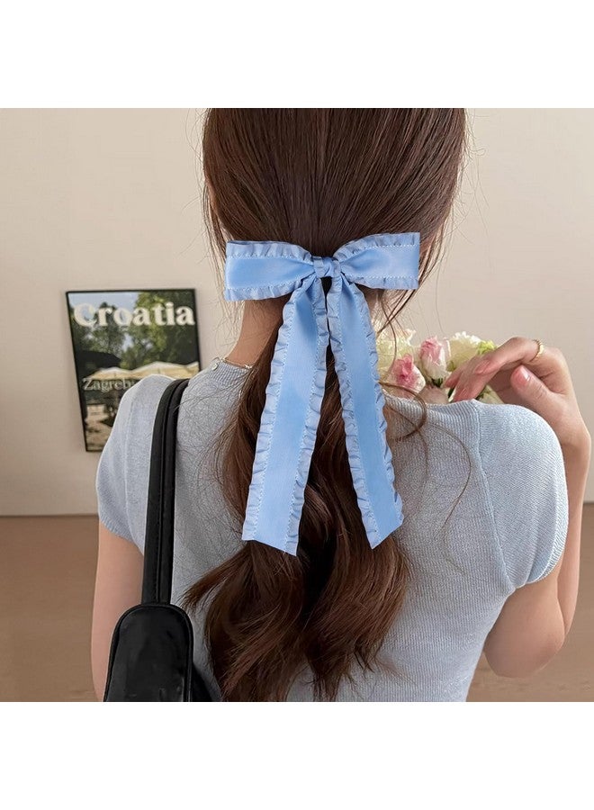 ميروكش 2 قطعة من فيونكات الشعر للنساء والفتيات ذات الشعر الكثيف الرقيق، 5.5 بوصة كبيرة من الساتان المكشكش مع شرابة ومشابك فيونكات الشعر مع ذيل طويل، إكسسوارات ديكور ملابسها الكلاسيكية باللون الأزرق العتيق - Image 4