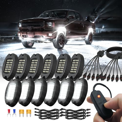 TDE Explorer.Lighting 12 Pods Pure White LED Rock Lights with Power Swith Wiring Harness, Waterproof Rust Proof 6600K Super Bright Pure Lighting Aluminum Underglow Kit for Truck Trailer Pickup Offroad ATV UTV - Image 1