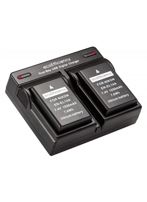 2 EN-EL14, EN-EL14A Batteries + Dual Battery Charger for Nikon D3500, D3100, D3200, D3300, D3400, D5100, D5200, D5300, D5500, D5600, DF, Coolpix P7000, P7100, P7700, P7800 DSLR Cameras