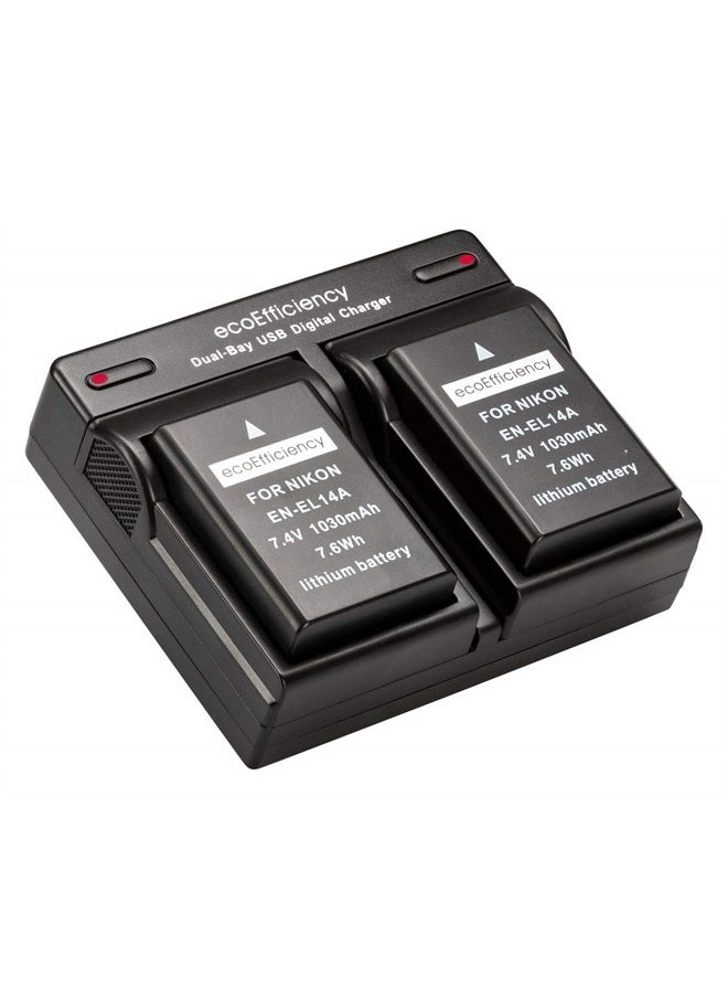 ecoEfficiency - 2 EN-EL14, EN-EL14A Batteries + Dual Battery Charger for Nikon D3500, D3100, D3200, D3300, D3400, D5100, D5200, D5300, D5500, D5600, DF, Coolpix P7000, P7100, P7700, P7800 DSLR Cameras - Image 1