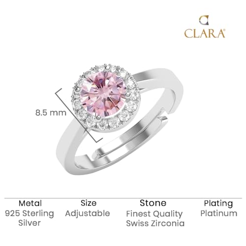 Clara Pure 925 Sterling Silver Vega Pink Solitaire Halo Finger Ring | Swiss Zircon Platinum Plated | Size Adjustable | Gift for Women Girls Wife Girlfriend - Image 5