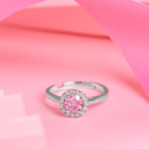 Clara Pure 925 Sterling Silver Vega Pink Solitaire Halo Finger Ring | Swiss Zircon Platinum Plated | Size Adjustable | Gift for Women Girls Wife Girlfriend - Image 2