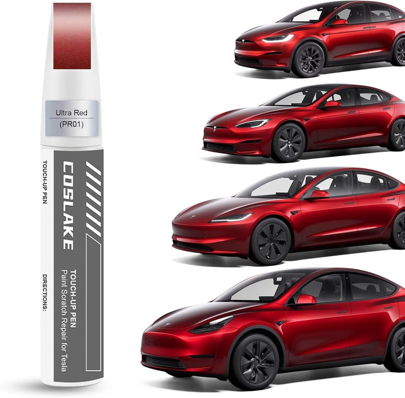 COSLAKE طلاء لمس السيارات (أحمر فائق (PR01)) لطرازات Tesla Model Y/3/S/X، مجموعة إصلاح الخدوش DIY 2 في 1 مع رأس قلم وفرشاة، قلم إزالة الخدوش مطابق للون Tesla - Image 1