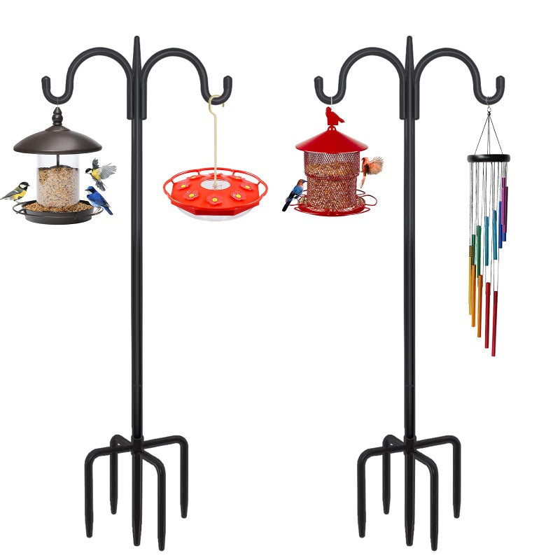 FEED GARDEN خطاف راعي مزدوج قابل للتعديل من FEED GARDEN للخارج مع قاعدة 5 مخالب 92 بوصة عمود مغذي طيور ثقيل الجوانب مزدوج لتعليق سلال النباتات، فوانيس ضوئية شمسية، أجراس الرياح 2 عبوة - Image 1