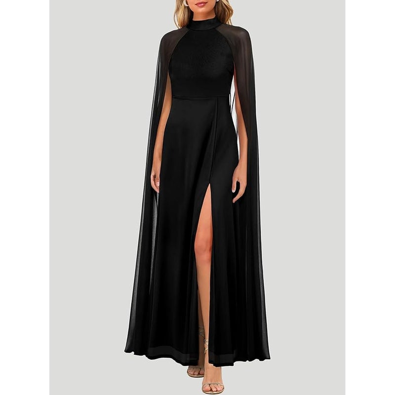 Lrady Women's Summer Wedding Guest Dress Halter Neck Sexy Split Cocktail Party Maxi Long Formal Dresses with Cape - Image 5